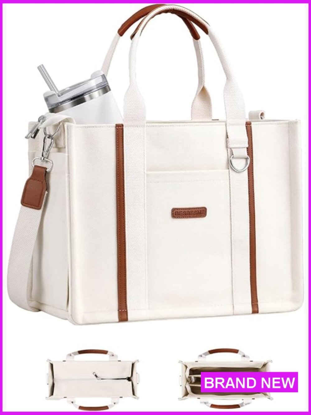Canvas Tote Bag with Laptop Compartment Multi-Pocket Work Travel Purse